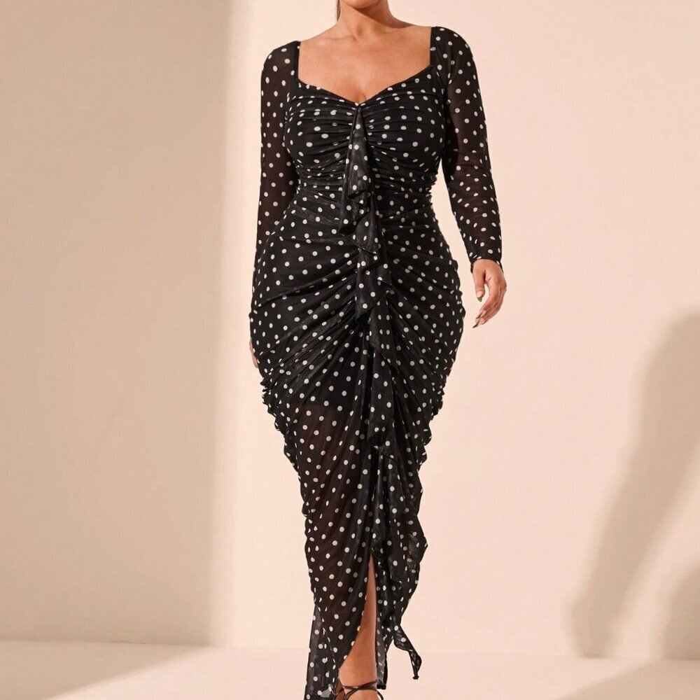 Black Elegant Women's Plus Size Polka Dot Ruffle Dress